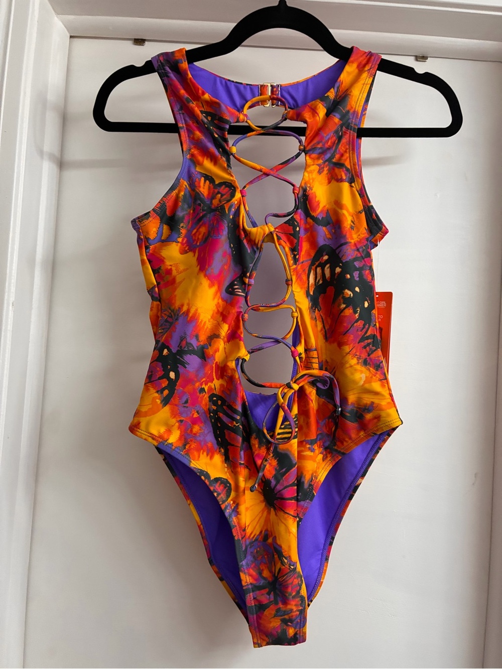NWT Women’s One-Piece Swim Suit - Vibrant Orange & Purple Butterfly Print